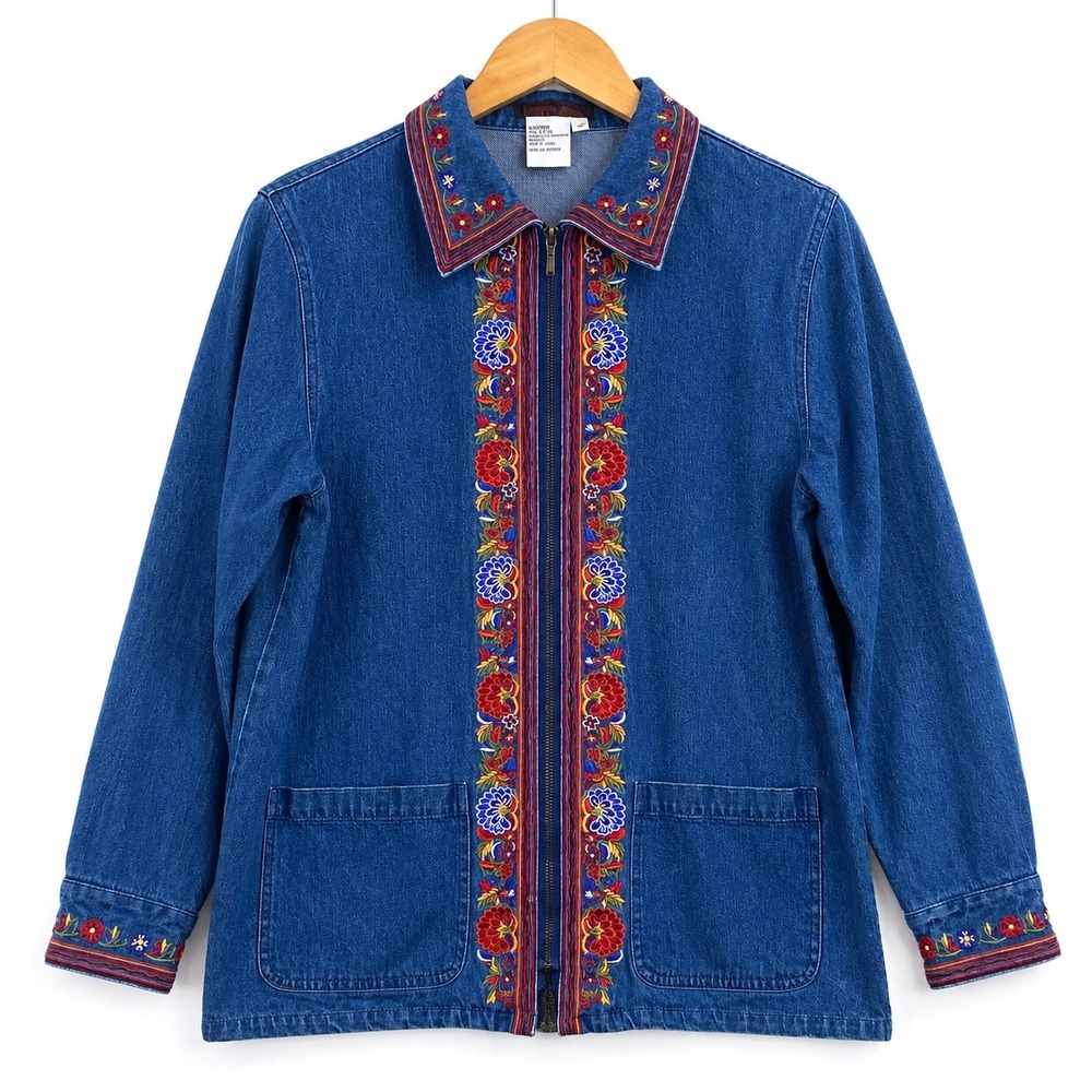 Blaine Trump Womens Blue Denim Floral Embroidered Zip Up Jacket M A99534